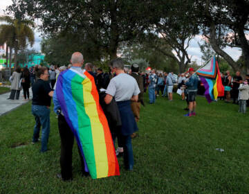 People gather outside for a protest over a Florida bill