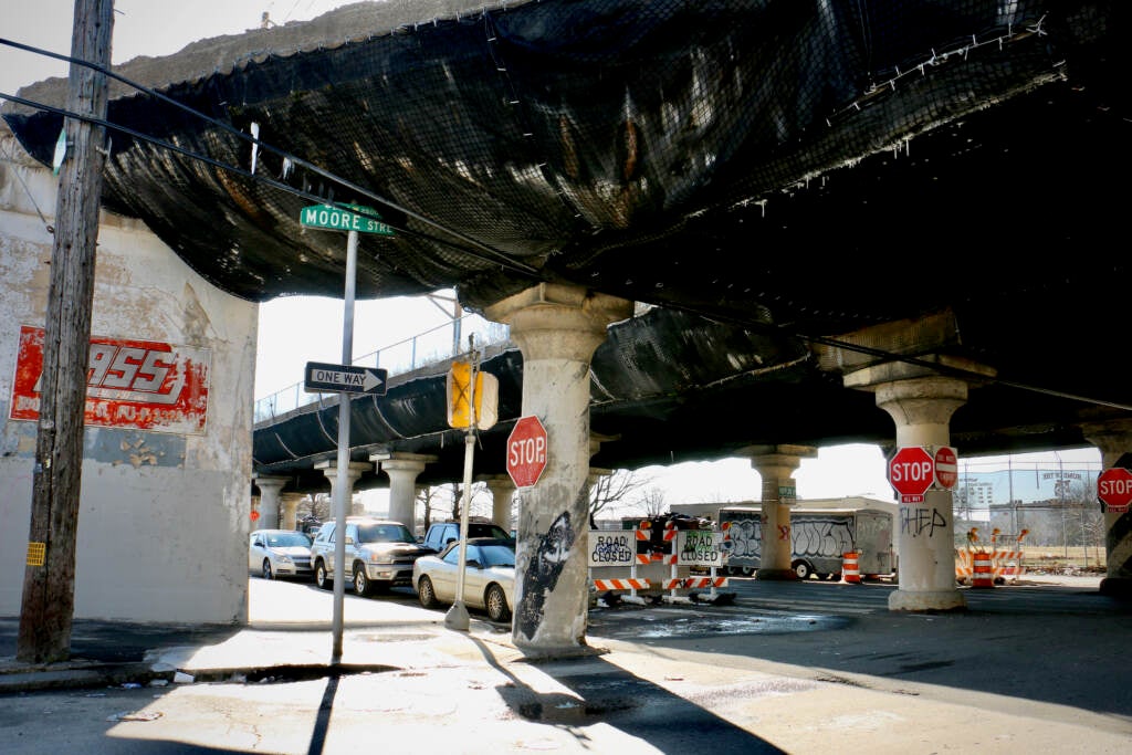 Extensions from the 25th Street Viaduct hang over sidewalks