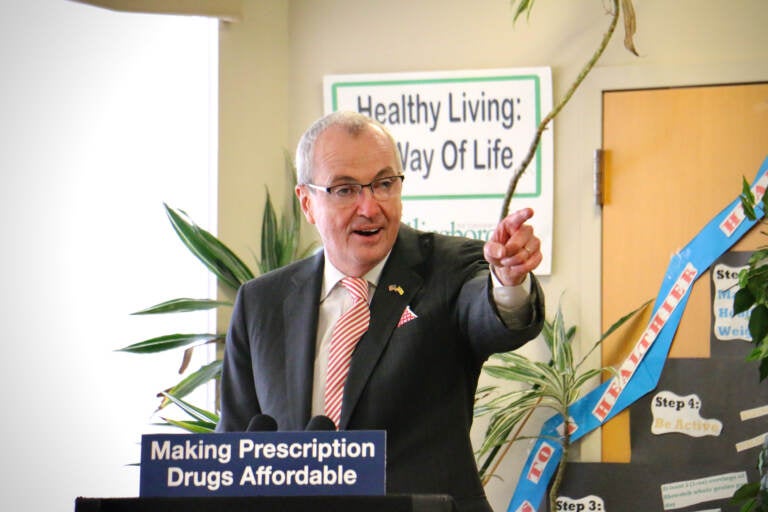 New Jersey Gov, Phil Murphy talks about a plan to bring down the cost of prescription drugs during a press conference at Willingboro Township Senior Center. (Emma Lee/WHYY)