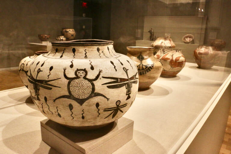 During trips to the American Southwest with his wife, Albert Barnes collected Pueblo pottery and textiles.His collection is displayed with other traditional and modern works in the Barnes exhibit, ''Water, Wind, Breath: Southwest Native Art in Community.'' (Emma Lee/WHYY)