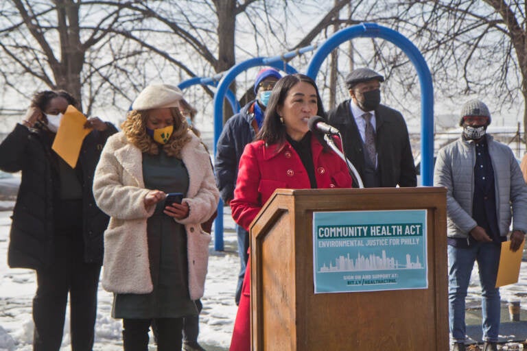 Philadelphia Councilmember Helen Gym held a press conference at a playground in Southwest Philadelphia on Passyunk Ave. near the oil refinery, announcing plans to introduce The Community Health Act to council, on Feb. 2, 2022. (Kimberly Paynter/WHYY)