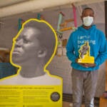 Creator and North Philadelphia resident Ian Lipford holds a prototype of an installation of Mike Green, a basketball player from the neighborhood who went on to win awards as a college player. (Kimberly Paynter/WHYY)
