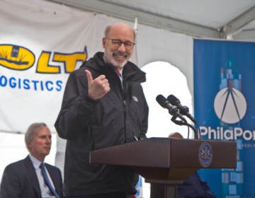 Pa. Governor Tom Wolf announced a 246 million dollar investment into the Port of Philadelphia at the Packer Marine Terminal on Feb. 4, 2022. (Kimberly Paynter/WHYY)