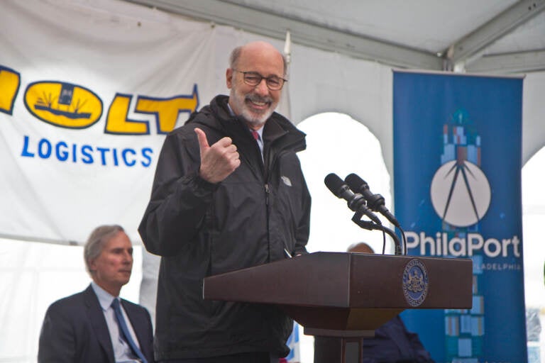 Pa. Governor Tom Wolf announced a 246 million dollar investment into the Port of Philadelphia at the Packer Marine Terminal on Feb. 4, 2022. (Kimberly Paynter/WHYY)