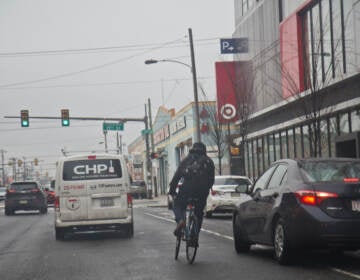 A cyclist rides down Washington Avenue
