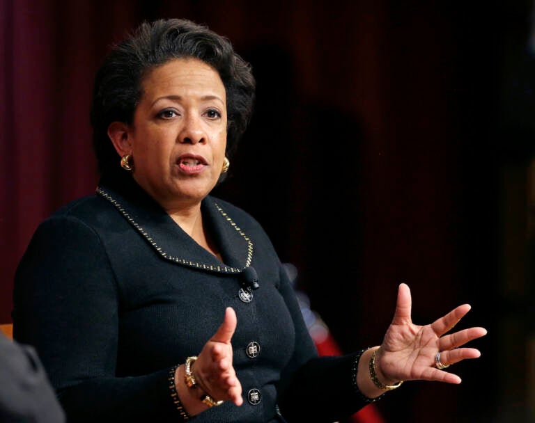 Former U.S. Attorney General Loretta Lynch, the nation's first black woman to head the Justice Department, speaks during a conference on policy and Blacks at Harvard University's Kennedy School of Government in 2017. The NFL has hired Lynch as counsel for its racial discrimination lawsuit filed by former Miami Dolphins head coach Brian Flores