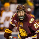 Minnesota Duluth forward Noah Cates skates against Minnesota during an NCAA hockey game on Friday, Oct. 25, 2019 in Minneapolis. (AP Photo/Andy Clayton-King)