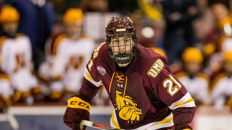 Minnesota Duluth forward Noah Cates skates against Minnesota during an NCAA hockey game on Friday, Oct. 25, 2019 in Minneapolis. (AP Photo/Andy Clayton-King)