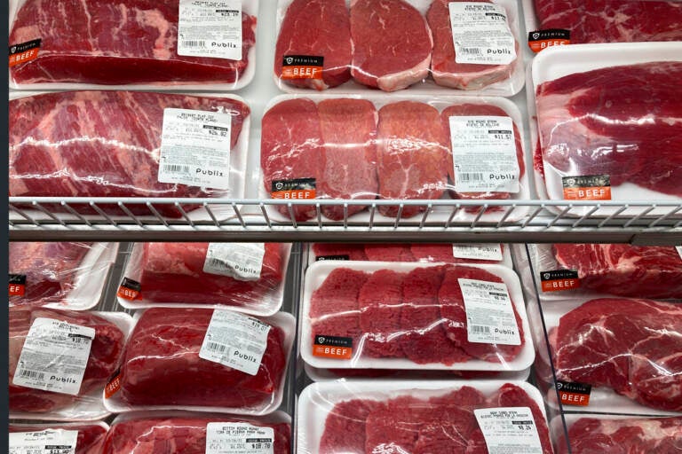 A selection of beef cuts is displayed at a Publix Supermarket, Wednesday, Oct. 20, 2021, in Miami. Prices paid by U.S. consumers jumped in December 2021 compared to a year earlier, the latest evidence that rising costs for food, gas, rent and other necessities are heightening the financial pressures on America's households. (AP Photo/Marta Lavandier)