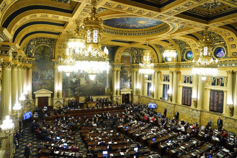 Democratic Gov. Tom Wolf delivers his budget address for the 2022-23 fiscal year to a joint session of the Pennsylvania House and Senate in Harrisburg, Pa., Tuesday, Feb. 8, 2022. (AP Photo/Matt Rourke)