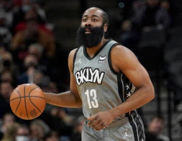 Brooklyn Nets guard James Harden (13) during the first half of an NBA basketball game against the San Antonio Spurs, Friday, Jan. 21, 2022, in San Antonio. (AP Photo/Eric Gay)