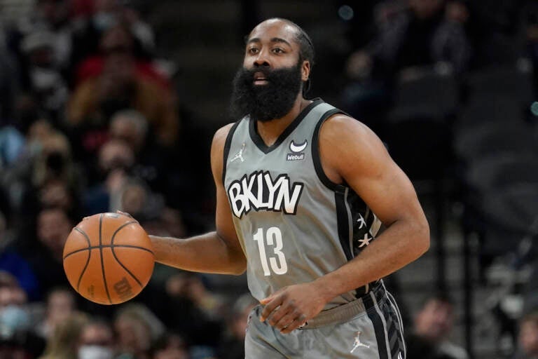 Brooklyn Nets guard James Harden (13) during the first half of an NBA basketball game against the San Antonio Spurs, Friday, Jan. 21, 2022, in San Antonio. (AP Photo/Eric Gay)