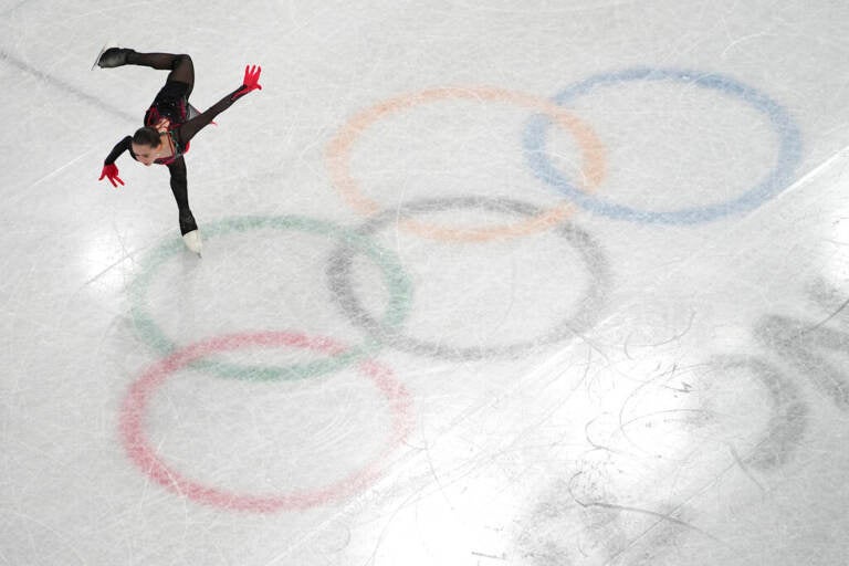 Kamila Valieva, of the Russian Olympic Committee, competes in the women's free skate program during the figure skating competition at the 2022 Winter Olympics, Thursday, Feb. 17, 2022, in Beijing. (AP Photo/Jeff Roberson)