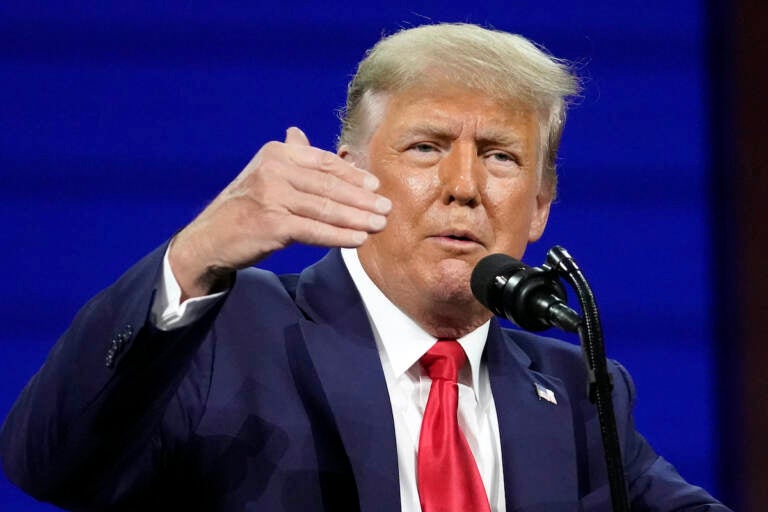 File photo: Former president Donald Trump speaks at the Conservative Political Action Conference (CPAC) Sunday, Feb. 28, 2021, in Orlando, Fla. A judge is hearing arguments Thursday, Feb. 17, 2022, in Trump's fight to avoid being questioned under oath in a New York investigation into his business practices