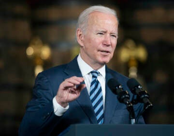 President Joe Biden speaks about the Bipartisan Infrastructure Law, Thursday, Feb. 17, 2022 at the Shipyards in Lorain, Ohio.(