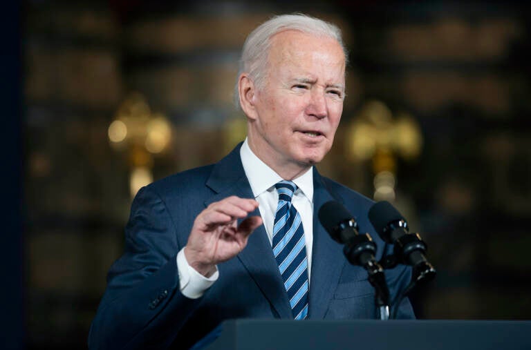 President Joe Biden speaks about the Bipartisan Infrastructure Law, Thursday, Feb. 17, 2022 at the Shipyards in Lorain, Ohio.(