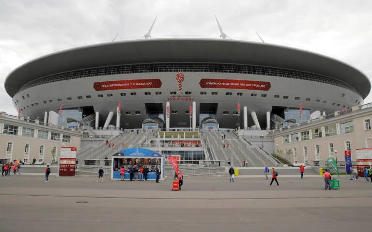 A view of the St. Petersburg Stadium prior to the Confederations Cup, Group A soccer match between New Zealand and Portugal, in St. Petersburg, Russia, Saturday, June 24, 2017. (AP Photo/Pavel Golovkin)