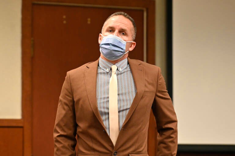 Former Louisville police officer Brett Hankison prepares to leave the courtroom during a recess Wednesday, Feb. 23, 2022, in Louisville, Ky. Prosecutors begin their case against a the only officer charged, former Louisville police officer Brett Hankison, in the deadly Breonna Taylor raid