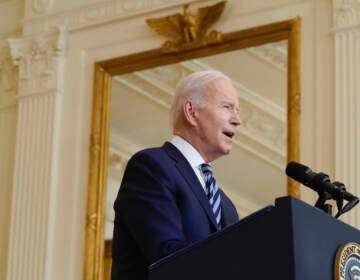 President Joe Biden speaks about the Russian invasion of Ukraine in the East Room of the White House, Thursday, Feb. 24, 2022, in Washington. (AP Photo/Alex Brandon)