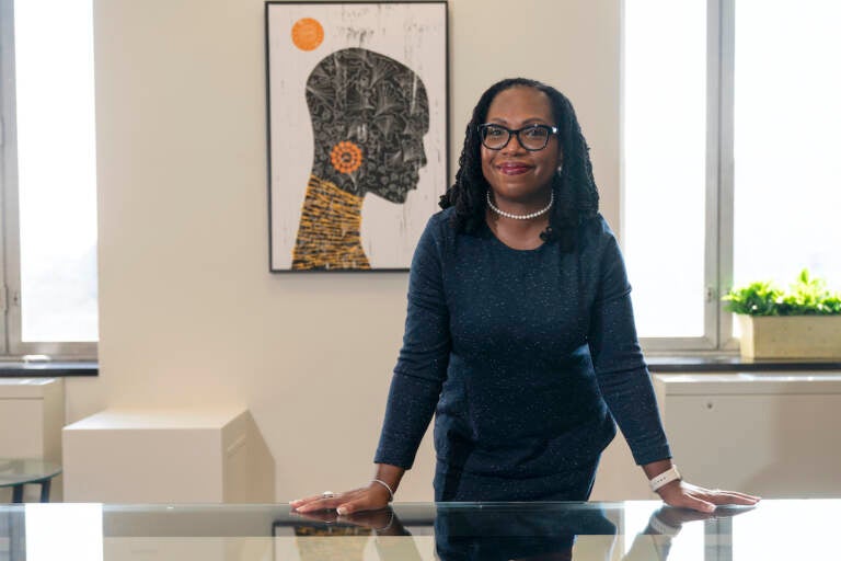 Judge Ketanji Brown Jackson, who is a U.S. Circuit Judge on the U.S. Court of Appeals for the District of Columbia Circuit, poses for a portrait, Friday, Feb., 18, 2022, in her office conference room at the court in Washington