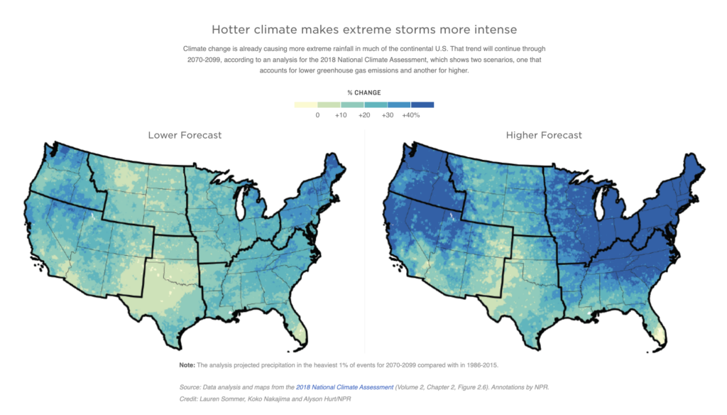 Two scenarios are mapped out on a map of the U.S., one that accounts for lower greenhouse gas emissions and another for higher.