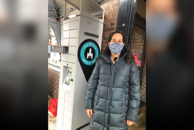 Health Commissioner Cheryl Bettigole with the Narcan vending machine. (Nina Feldman / WHYY)