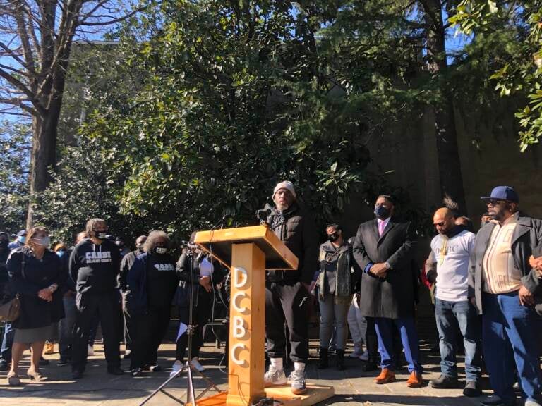 Leroy Evans' nephew, Eric Evans, speaking at a rally for Leroy's freedom on Thursday morning