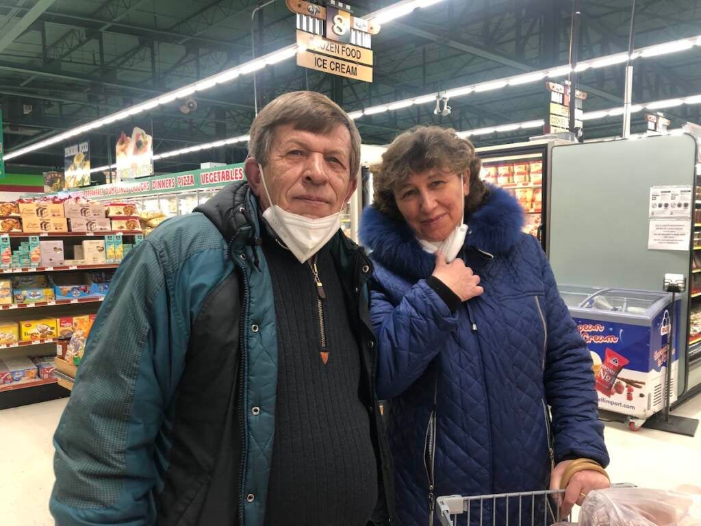 Roman and Galina in Bell's Market on Saturday morning. They are worried about Galina's 89-year-old mother in Ukraine