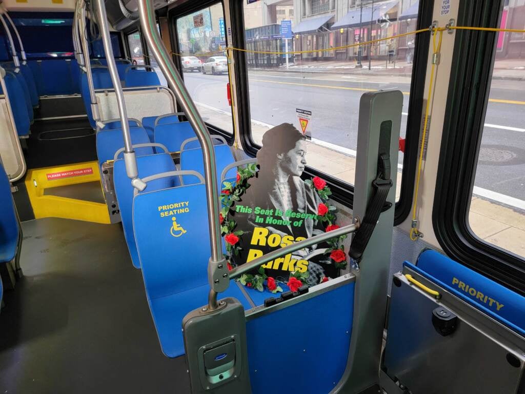 A cutout of Rosa Parks is seen on a SEPTA bus