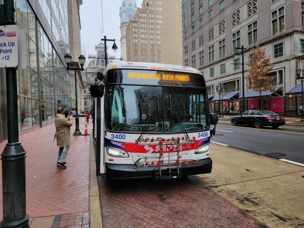 A SEPTA bus is pictured in Center City with roses displayed on the bus' front