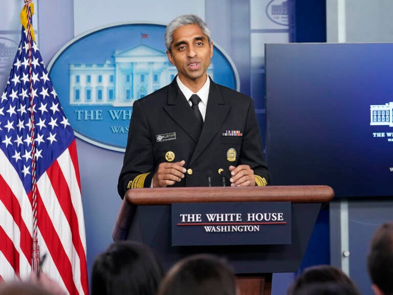 File photo: In this Thursday, July 15, 2021 file photo, Surgeon General Dr. Vivek Murthy speaks during the daily briefing at the White House in Washington. (AP Photo/Susan Walsh)