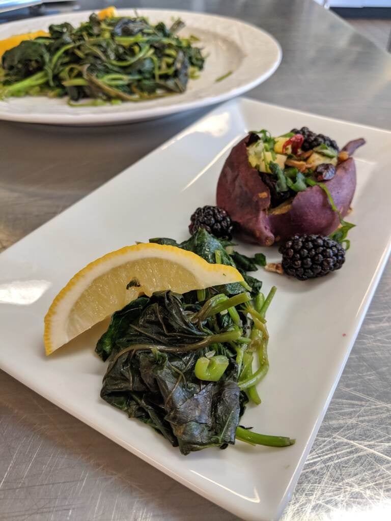 Sweet potato greens and a sweet potato dressed with salsa and raspberries, by Chef Yuhnis Sydnor of West Philadelphia (Photo courtesy of the Culinary Literacy Center).