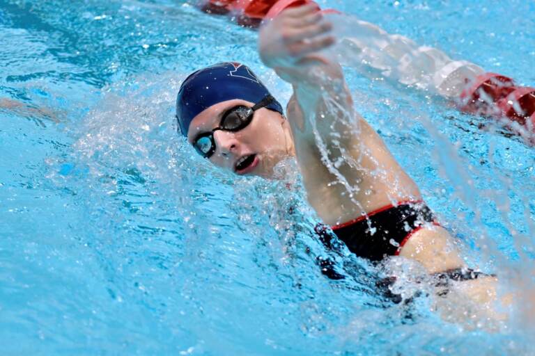 Transgender swimmer Lia Thomas, right during a meet with Harvard on Saturday, Jan. 22, 2022, at at Harvard University in Cambridge, Mass. Thomas won the two individual events in which she competed. (AP Photo/Josh Reynolds)