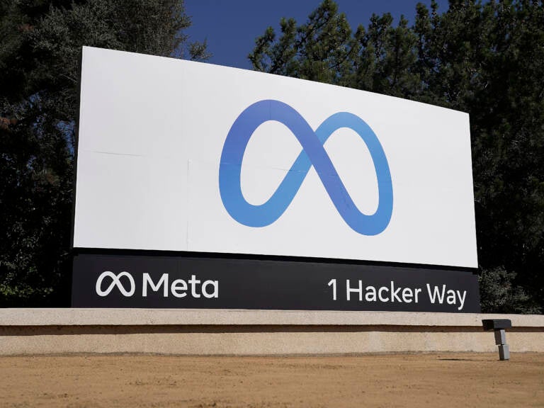 Facebook's Meta logo sign is seen at the company headquarters