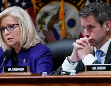 FILE - Rep. Liz Cheney, R-Wyo., and Rep. Adam Kinzinger, R-Ill., listen as the House select committee tasked with investigating the Jan. 6 attack on the U.S. Capitol meets on Capitol Hill in Washington, Oct. 19, 2021. Republican Party officials have voted to punish Cheney and Kinzinger and advanced a rule change that would prohibit candidates from participating in presidential debates organized by the Commission on Presidential Debates. GOP officials took a voice vote to approve both measures at the Republican National Committee’s winter meeting in Salt Lake City
