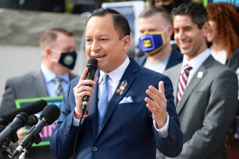 IMAGE DISTRIBUTED FOR AIDS HEALTHCARE FOUNDATION - Florida State Representative Smith (HD 49) speaks at a press conference at the Florida state capital, hosted by Equality Florida, AIDS Healthcare Foundation and the Human Rights Campaign in opposition of HB 1577 (Don't Say Gay bill) on Tuesday, February 15, 2022, in Tallahassee, Fla. (Rick Wilson/AP Images for AIDS Healthcare Foundation)