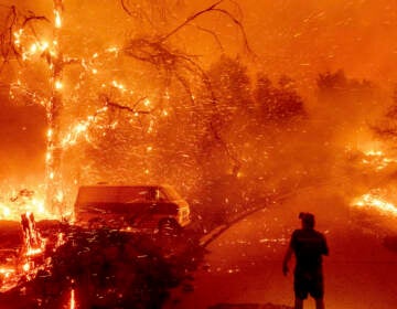 Bruce McDougal watches embers fly over his property as the Bond Fire burns through the Silverado communit