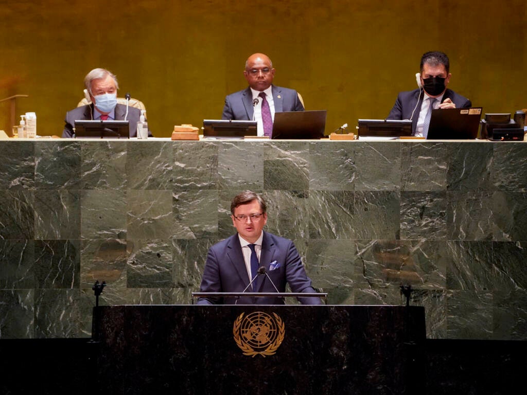 Ukrainian Foreign Minister Dmytro Kuleba speaks at the general assembly hall
