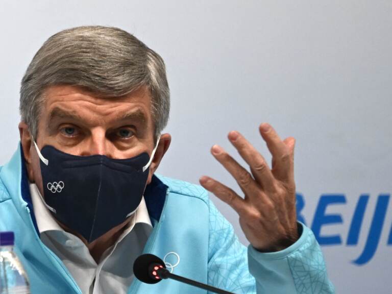 International Olympic Committee (IOC) President Thomas Bach addresses journalists during a press conference at the Main Media Center on February 3, 2022 ahead of the Beijing 2022 Winter Olympic Games. (Photo by Anne-Christine POUJOULAT / AFP) (Photo by ANNE-CHRISTINE POUJOULAT/AFP via Getty Images)