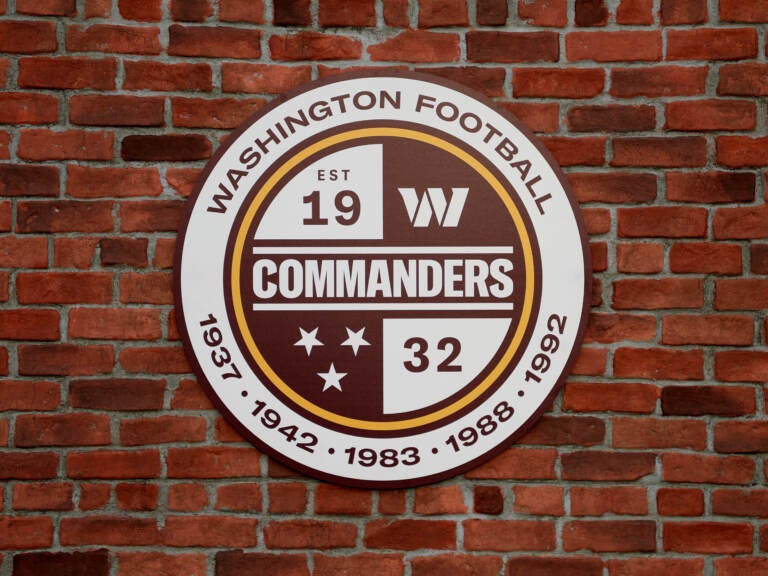 A detailed view of a Washington Commanders logo during the announcement of the Washington Football Team's name change — an announcement welcomed by Native American activists who felt the team's former 