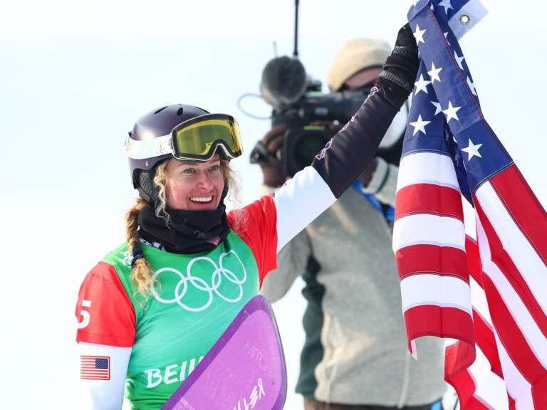 Gold medallist Lindsey Jacobellis of Team United States reacts after the Women's Snowboard Cross Big Final on Day 5 of the Beijing 2022 Winter Olympic Games at Genting Snow Park on February 09, 2022 in Zhangjiakou, China. (Photo by Clive Rose/Getty Images)