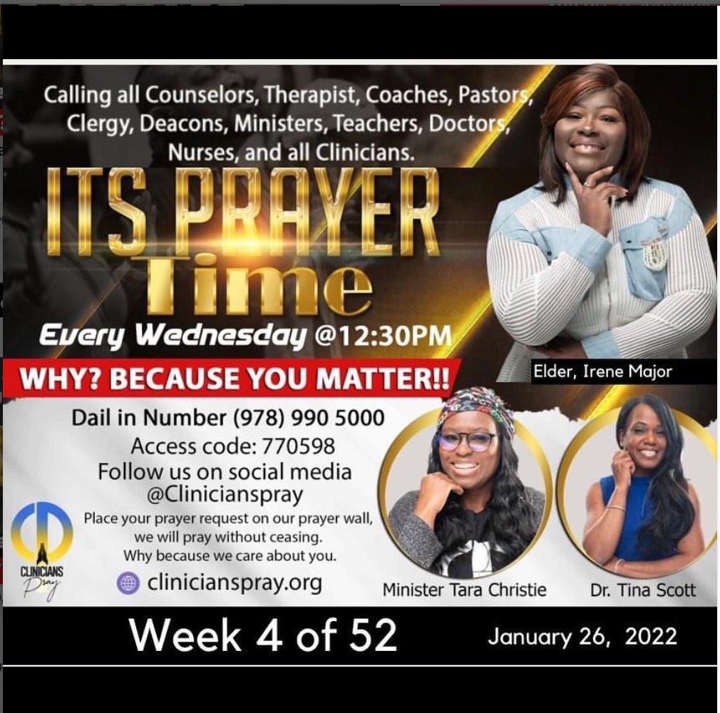 An informational flyer providing the time, date, and website for The Clinicians Pray