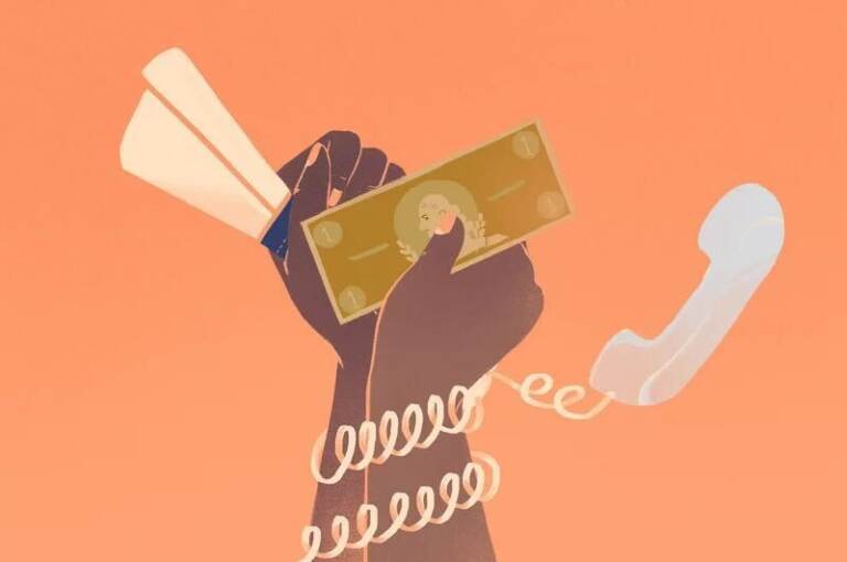 An illustration of hands holding up a diploma and money, with a phone cord wrapped around their arms