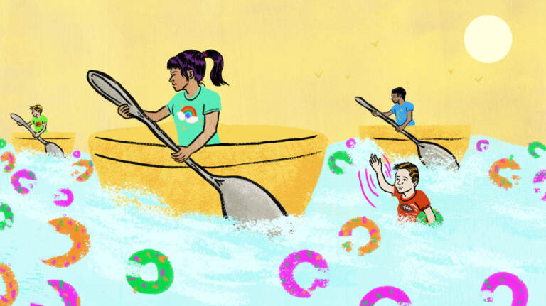 An illustration of children riding in bowls amid a tide of cereal