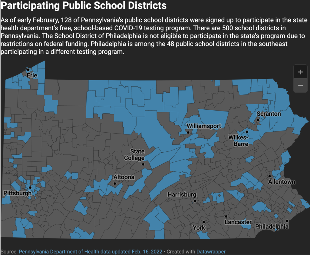 A map shows public school districts participating in Pa.'s free COVID testing program