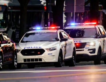 Shown are Philadelphia police vehicles on a traffic stop