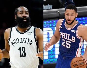 Brooklyn Nets guard James Harden (13) and Philadelphia 76ers guard Ben Simmons (25), part of a deadline day trade between the two NBA franchises on Feb. 10, 2022. (AP Photos/Matt York/Nick Wass, File)