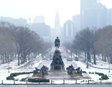 The Benjamin Franklin Parkway covered in snow, as seen from the Philadelphia Museum of Art