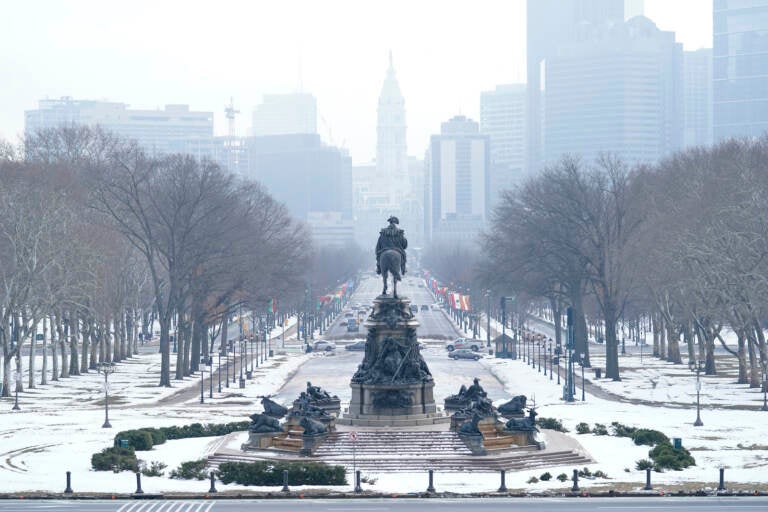 The Benjamin Franklin Parkway covered in snow, as seen from the Philadelphia Museum of Art