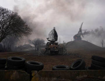 Smoke rise from an air defence base in the aftermath of an apparent Russian strike in Mariupol, Ukraine